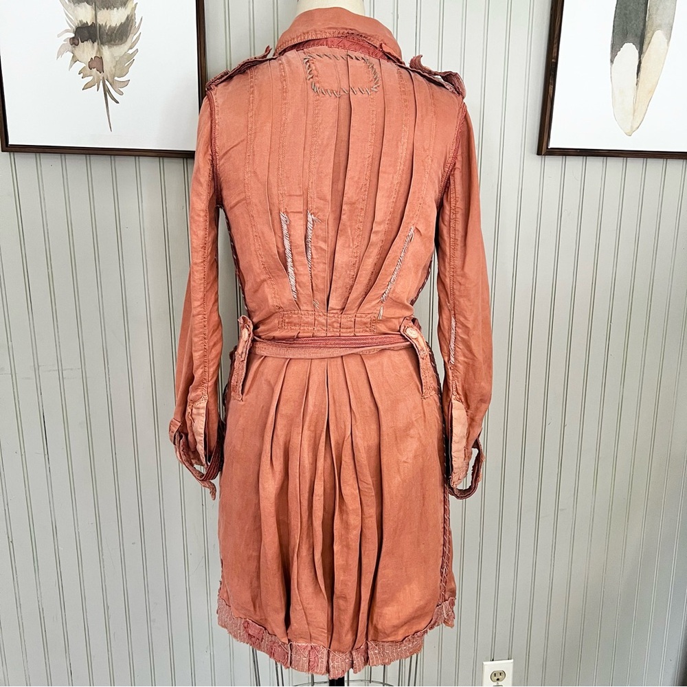Shangana Hanmade Linen Patchwork Exposed Stitch Mid Length Duster Trench Coat - Picture 2 of 15